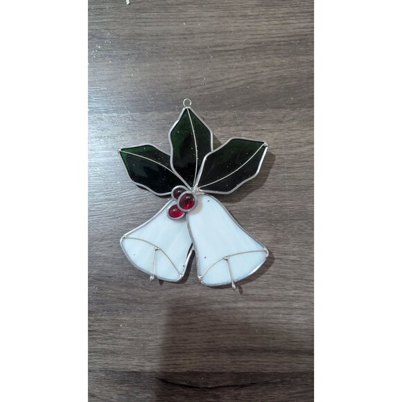 Stained Glass Holly & Bells Ornament White Green Red Holiday Décor Handcrafted - Picture 3 of 5